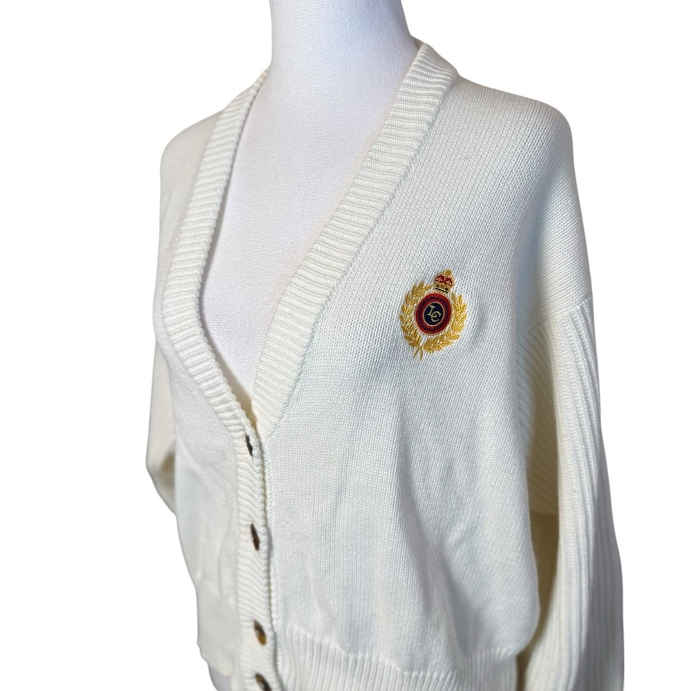 Vtg Liz Sport Varsity Style Ivory Sweater Embroidered Crest Medium Academia